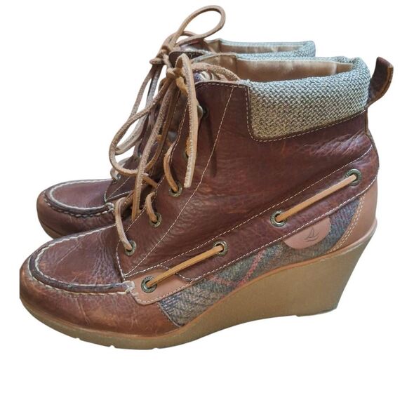 Sperry Bailey Wedge Leather Booties – Brown Plaid Ankle Boots (Women’s 9) - Picture 3 of 7